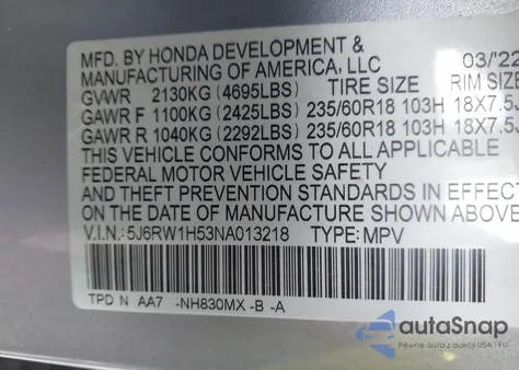 2022 Honda Cr-V 2Wd Ex z USA, uszkodzony, nr VIN 5J6RW1H53NA013218